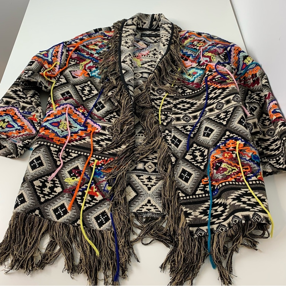 Zara Open Cardigan Jacket Tapestry Fringes Sz XS Oversized Multicolor Aztec Boho - Picture 5 of 15